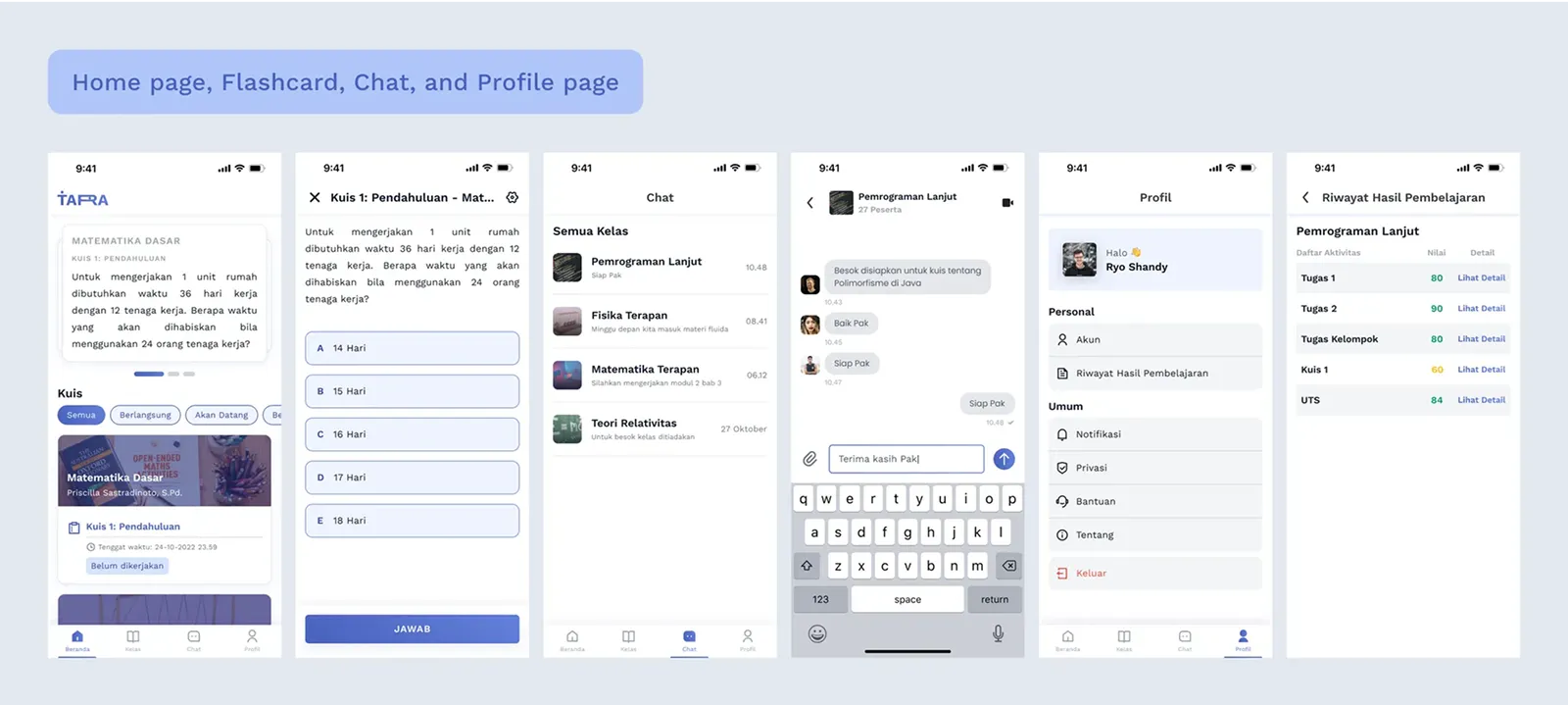Home page, Flashcard, Chat, and Profile page