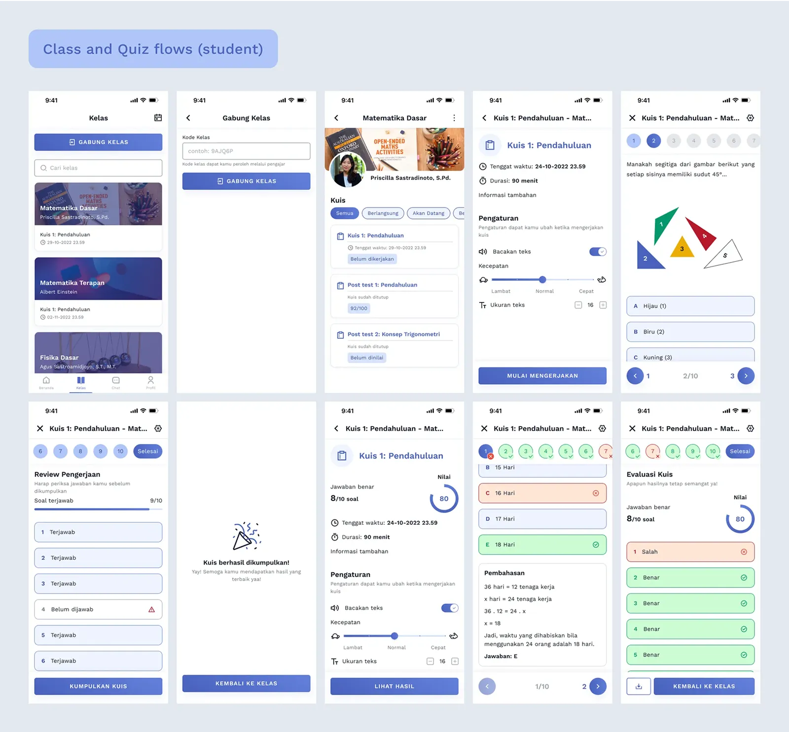 Class and Quiz flows (student)